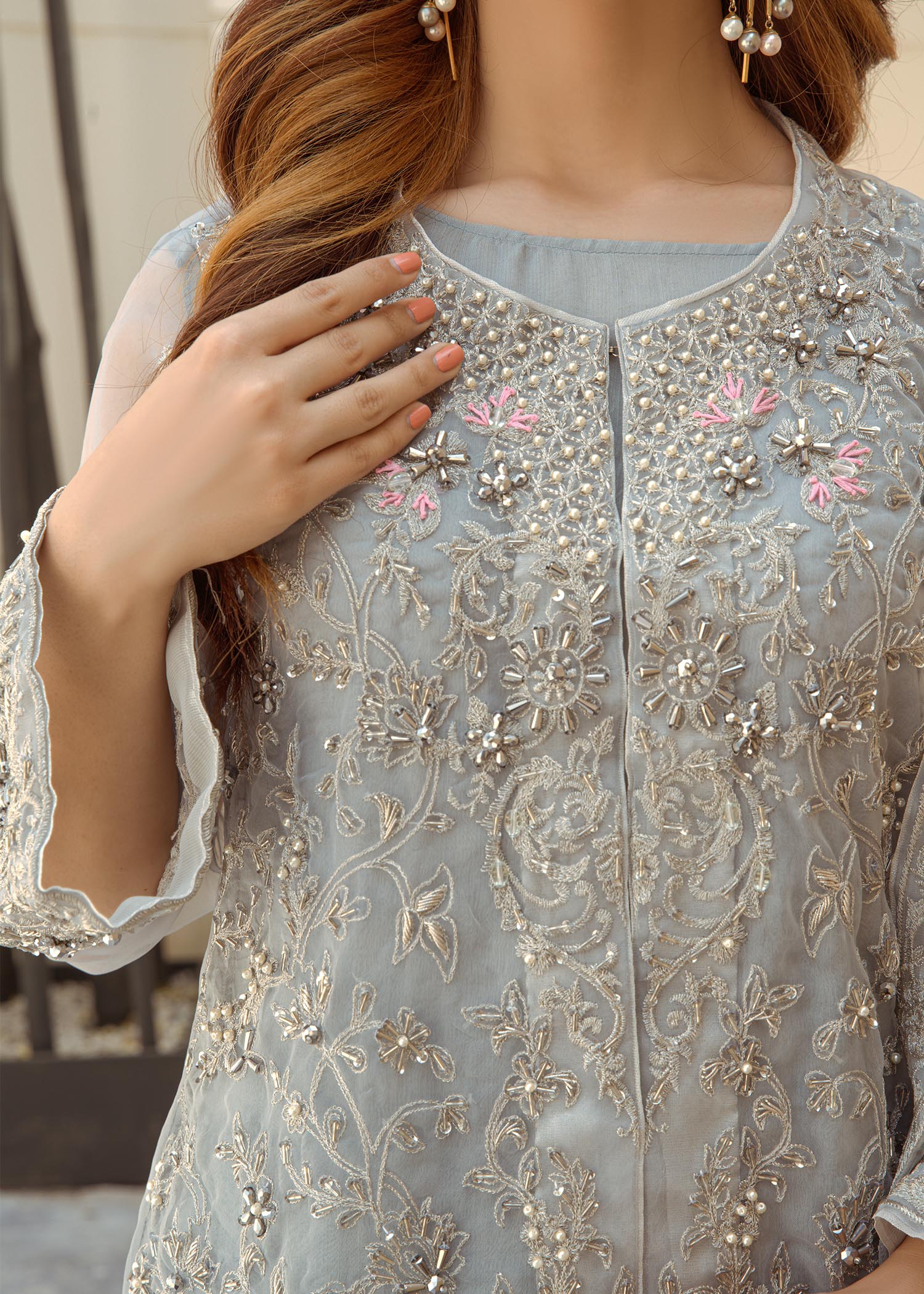 Embellished Grey Organza Jacket with Raw Silk Trouser Online in Dubai DXB UAE Abudhabi Meena Bazaar