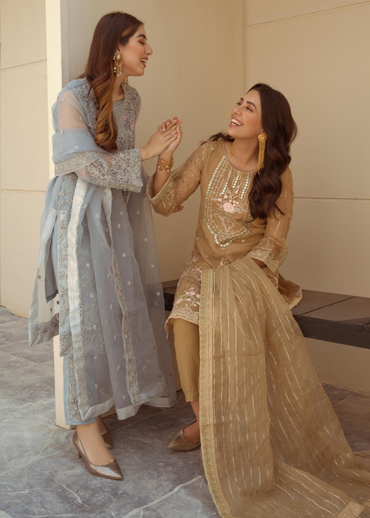 Embellished Grey Organza Suit with Tilla Work Online in Dubai DXB UAE Abudhabi Meena Bazaar
