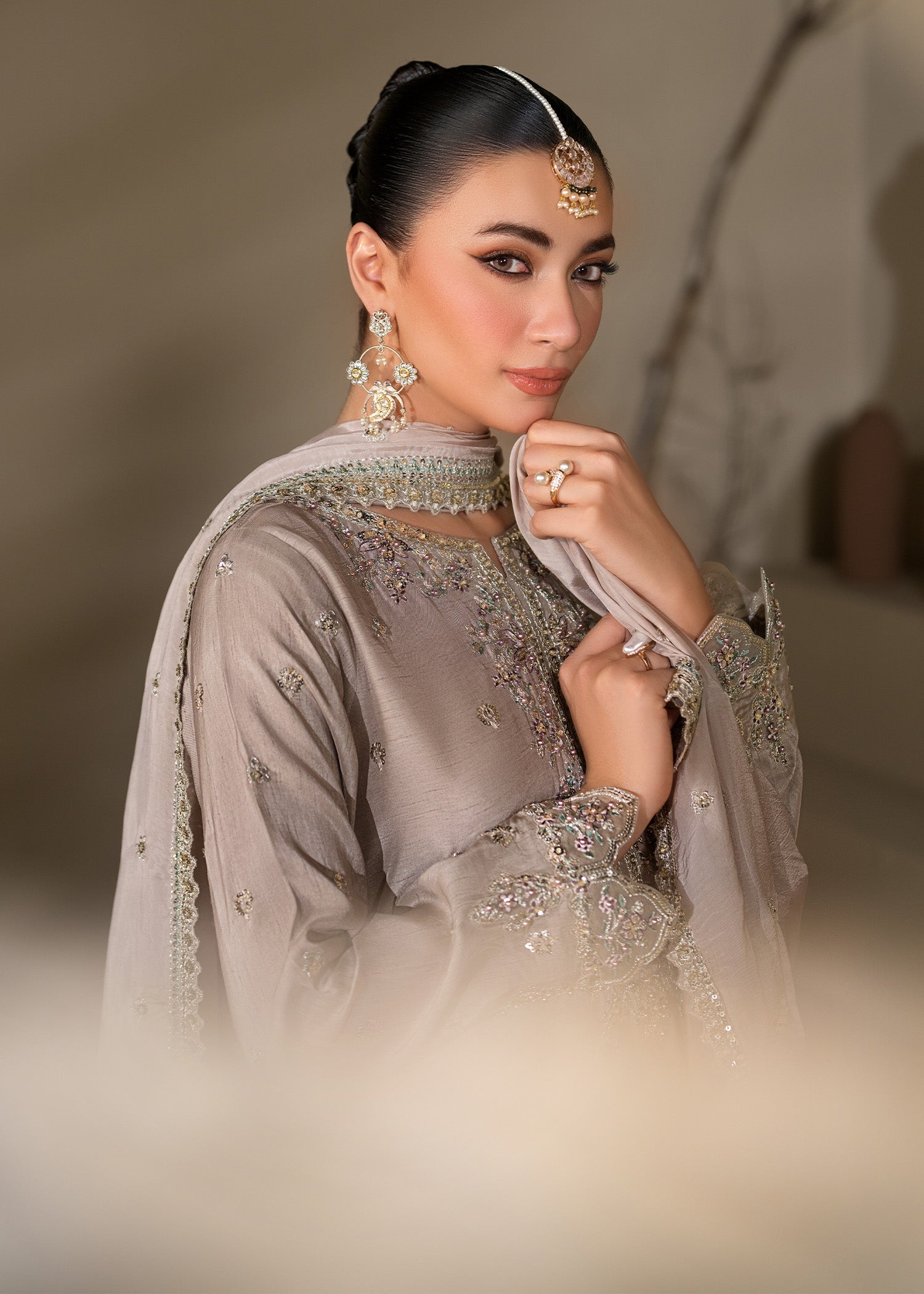 Embellished Grey Raw Silk Pakistani Suit Online in Dubai DXB UAE Abudhabi Meena Bazaar
