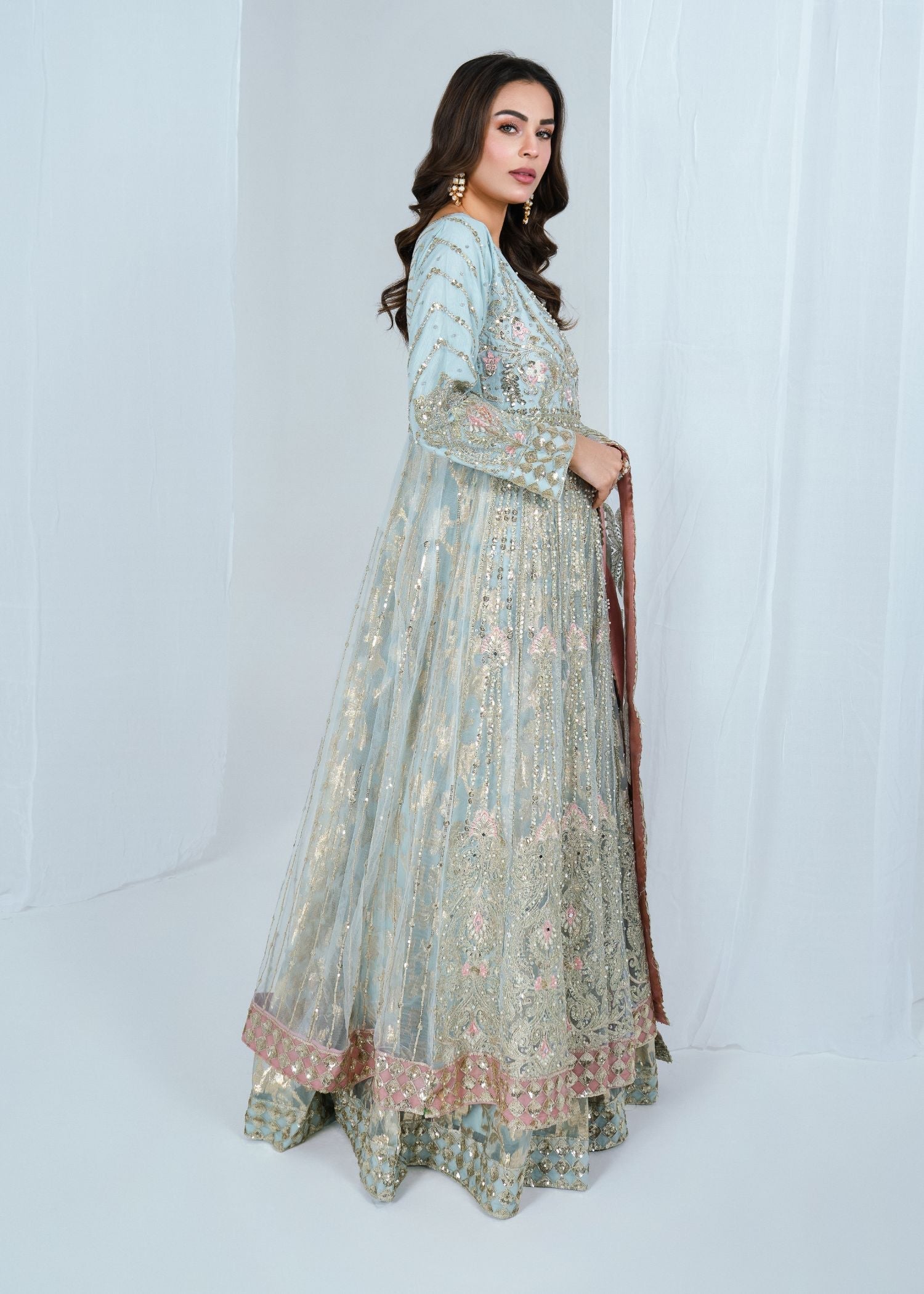 Embellished Ice Blue Net Maxi Gown Online in UK USA Canada