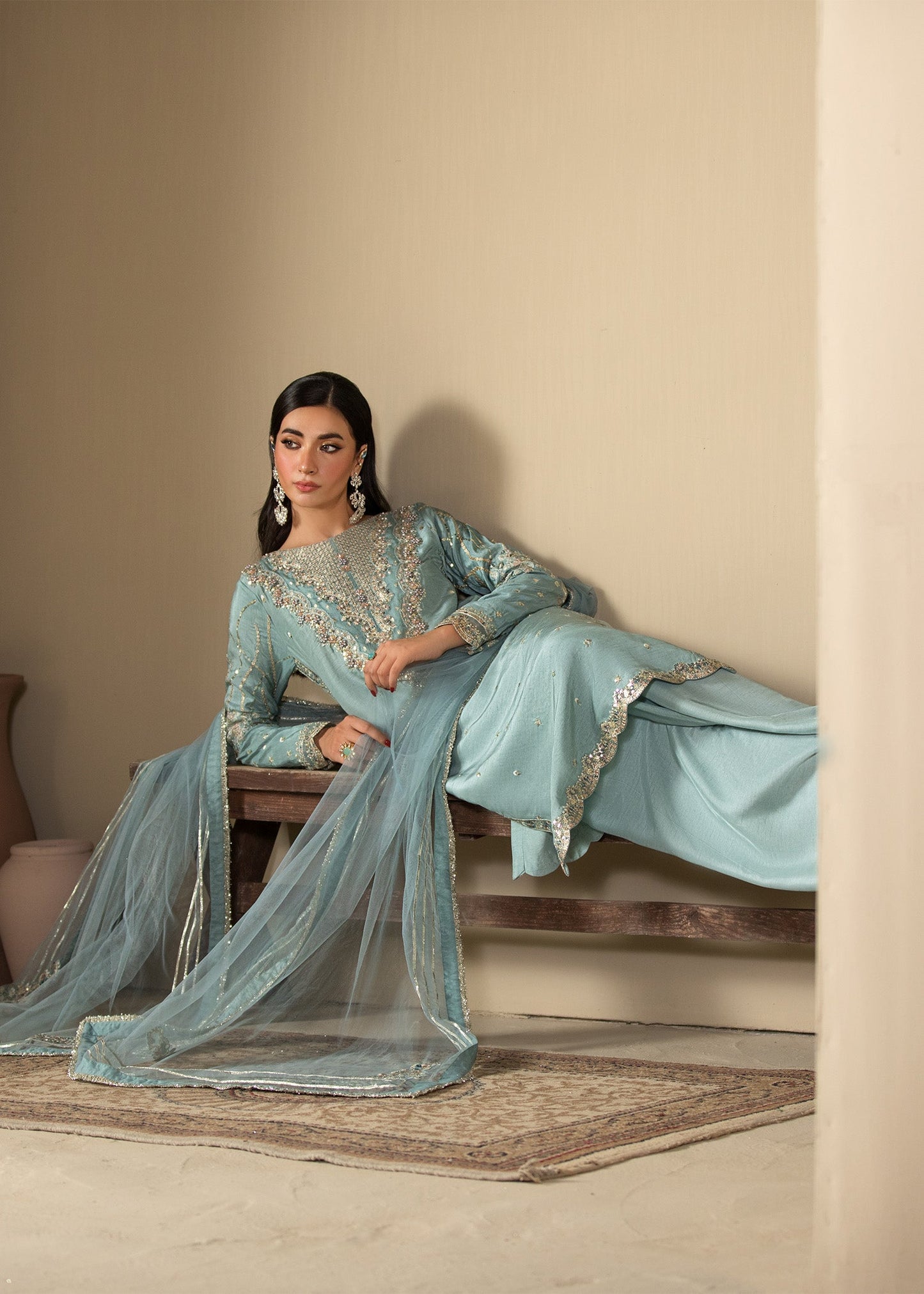 Embellished Ice Blue Raw Silk 3 Piece Suit Online in Dubai DXB UAE Abudhabi Meena Bazaar