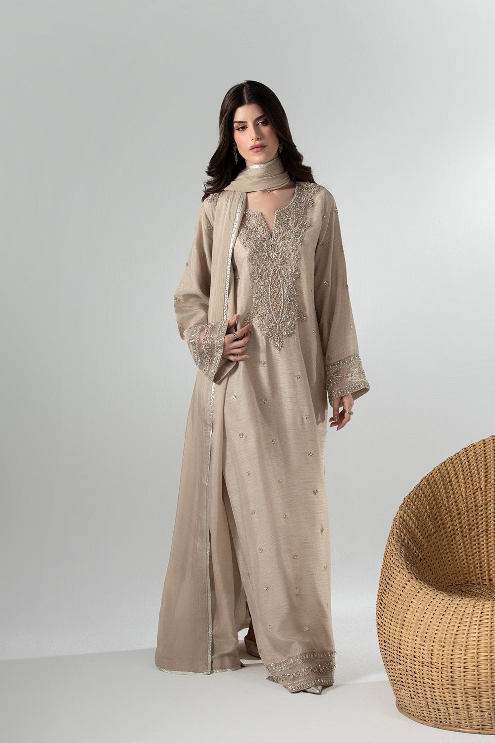 Beige Embroidered Raw Silk Kaftan Online in Dubai UAE Abudhabi Ajman Sharjah