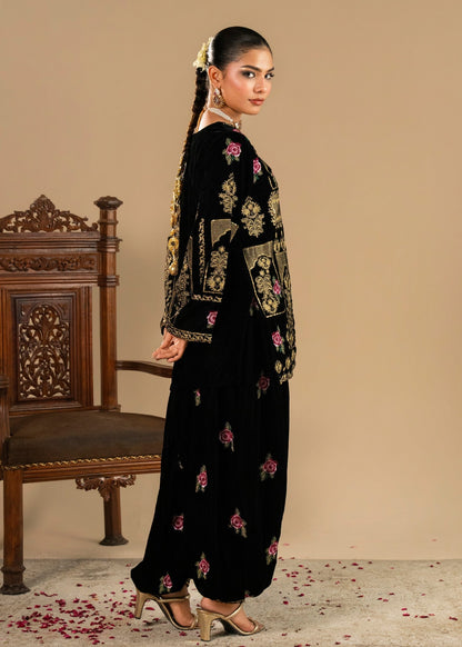 Designer Black Velvet Salwar Suit with Pink Rose Threadwork Online in Sri Lanka India Australia