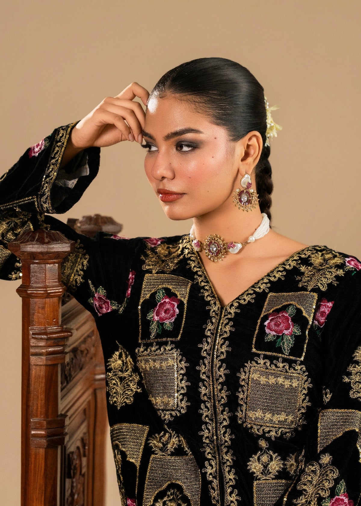 Festive Black Velvet Pakistani Suit with Antique Gold Embroidery Online in KSA Riyadh Saudi Arabia Oman Bahrain Qatar