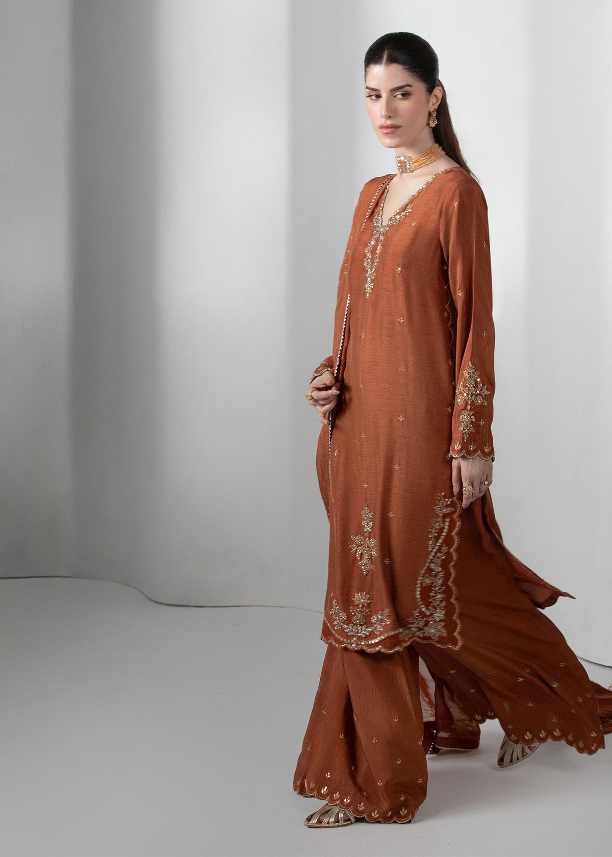 Festive Rustic Brown Raw Silk Pakistani Suit Online in Sri Lanka India Australia