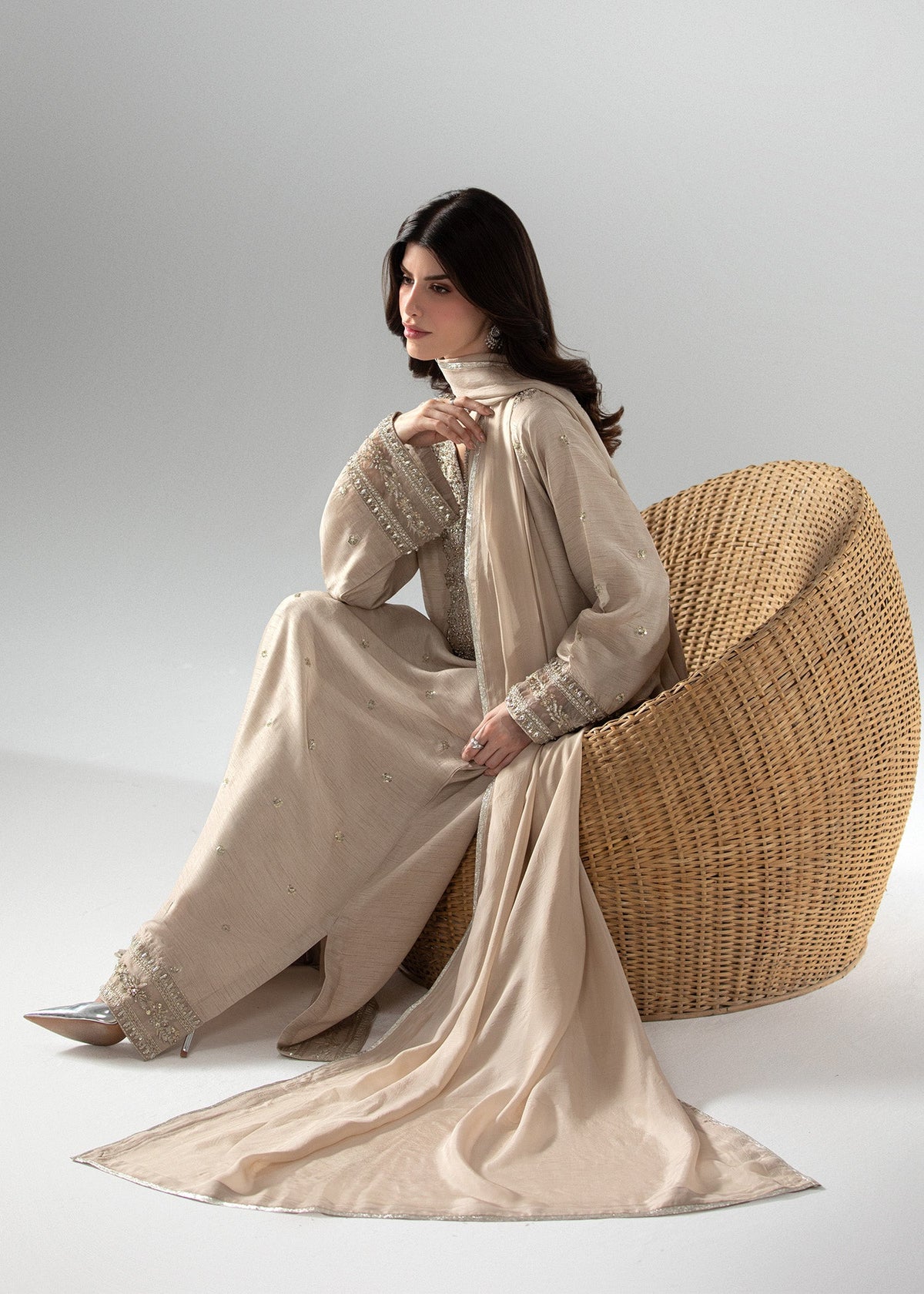 Ladies Beige Raw Silk Kaftan Pakistani Suit Online in KSA Riyadh Saudi Arabia Oman Bahrain Qatar