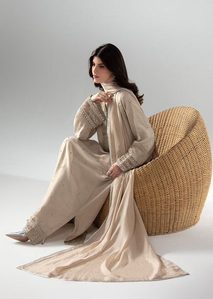Ladies Beige Raw Silk Kaftan Pakistani Suit Online in KSA Riyadh Saudi Arabia Oman Bahrain Qatar