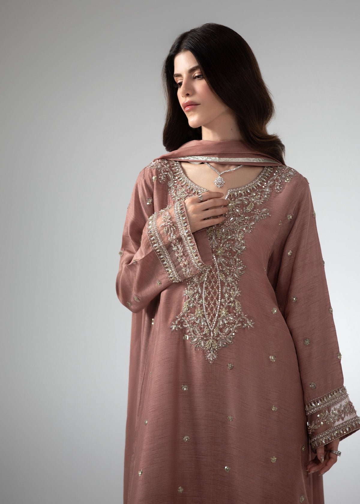 Ladies Pink Raw Silk Kaftan with Straight Trouser Online in KSA Riyadh Saudi Arabia Oman Bahrain Qatar