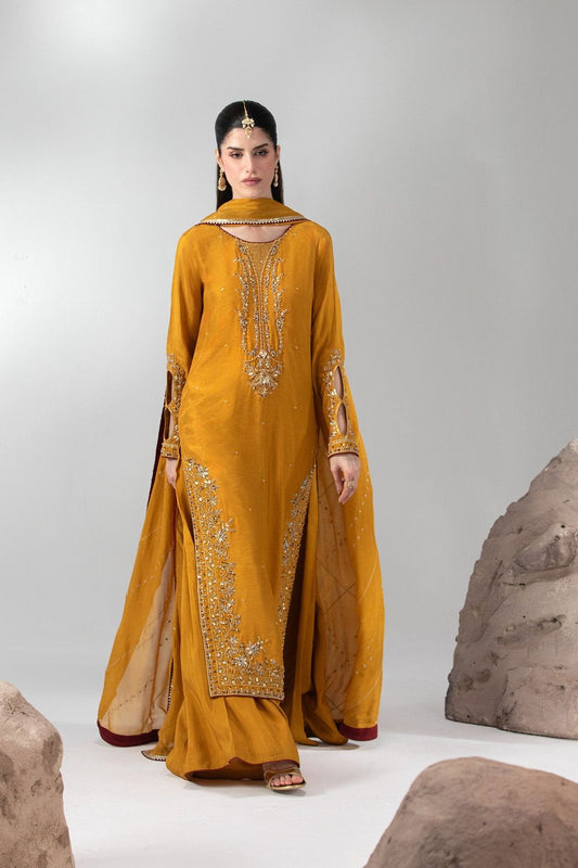 Mustard Embroidered Raw Silk Pakistani Suit Online in Dubai UAE Abudhabi Ajman Sharjah