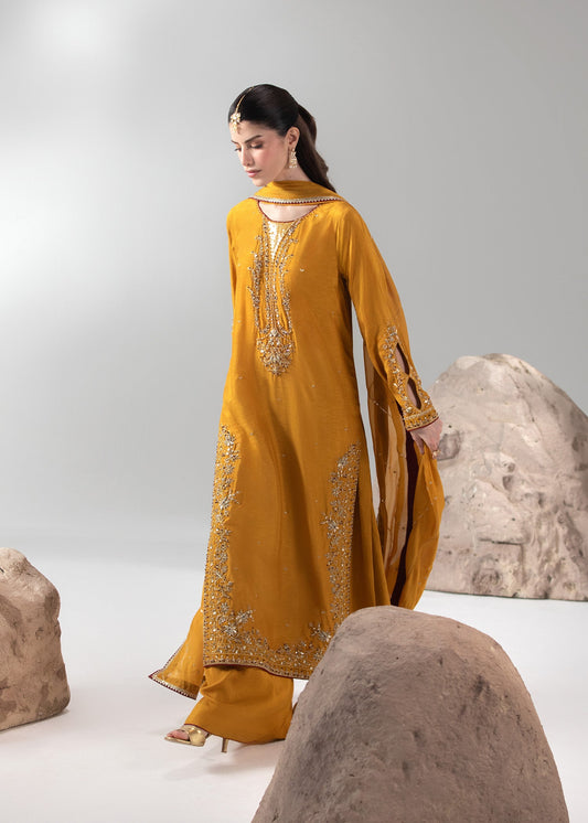 Mustard Partywear Embroidered Raw Silk Shalwar Kameez Online in Sri Lanka India Australia