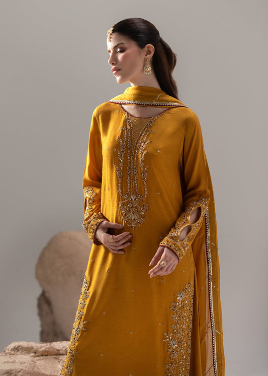 Mustard Raw Silk Embellished Pakistani Designer Suit Online in Dubai DXB UAE Abudhabi Meena Bazaar