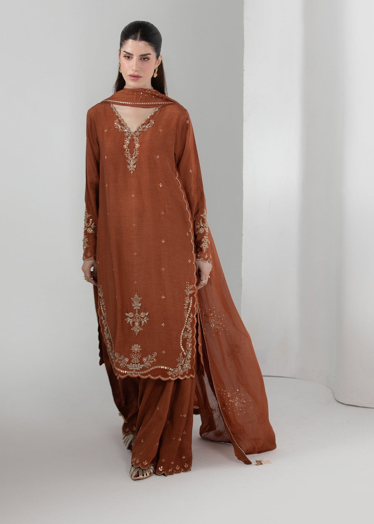 Pakistani Designer Rustic Brown Raw Silk Salwar Kameez Online in KSA Riyadh Saudi Arabia Oman Bahrain Qatar