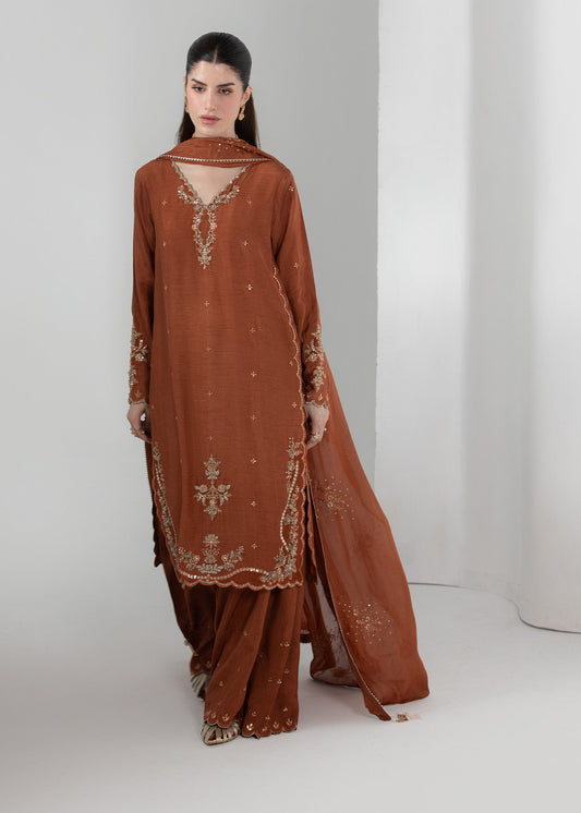 Pakistani Designer Rustic Brown Raw Silk Salwar Kameez Online in KSA Riyadh Saudi Arabia Oman Bahrain Qatar