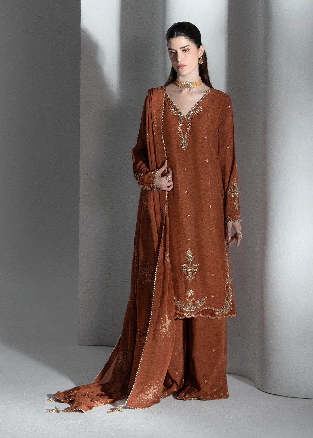 Pakistani Partywear Rustic Brown Raw Silk Salwar Suit Online in KSA Riyadh Saudi Arabia Oman Bahrain Qatar