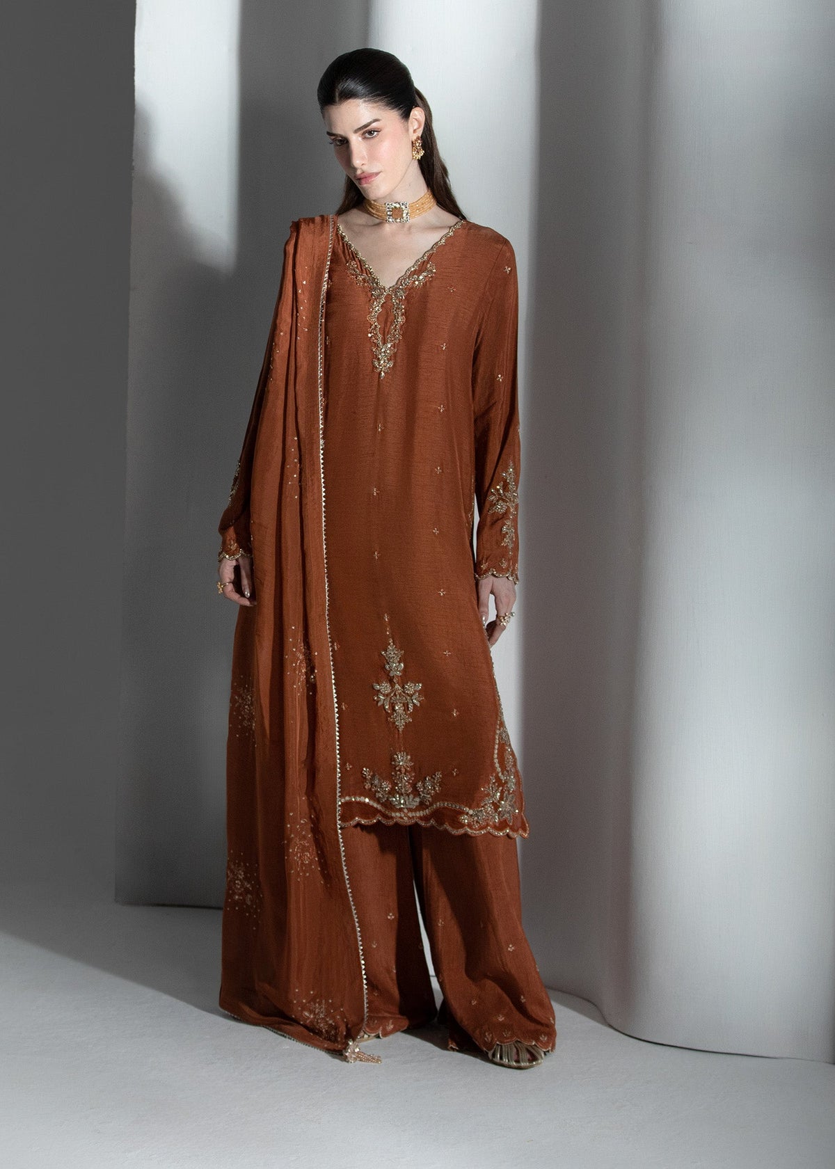 Rustic Brown Embroidered Raw Silk Latest Pakistani Suits Online in UK USA Canada