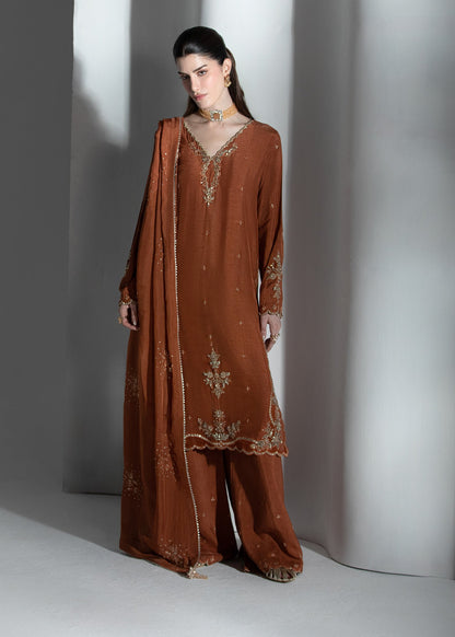 Rustic Brown Embroidered Raw Silk Latest Pakistani Suits Online in UK USA Canada