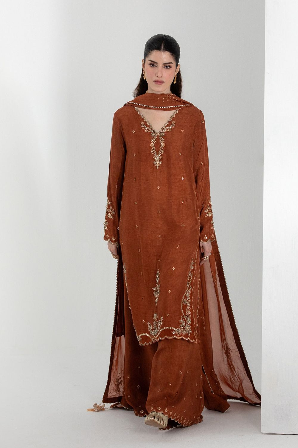 Rustic Brown Embroidered Raw Silk Partywear Suit Online in Dubai UAE Abudhabi Ajman Sharjah