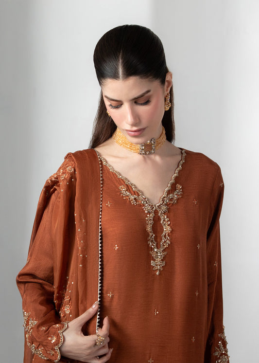 Rustic Brown Heavy Embroidery Raw Silk Designer Salwar Suit Online in Dubai DXB UAE Abudhabi Meena Bazaar
