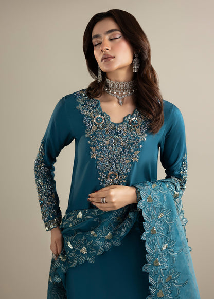Teal Embroidered Raw Silk Festive Suit Online in Dubai UAE Abudhabi Ajman Sharjah