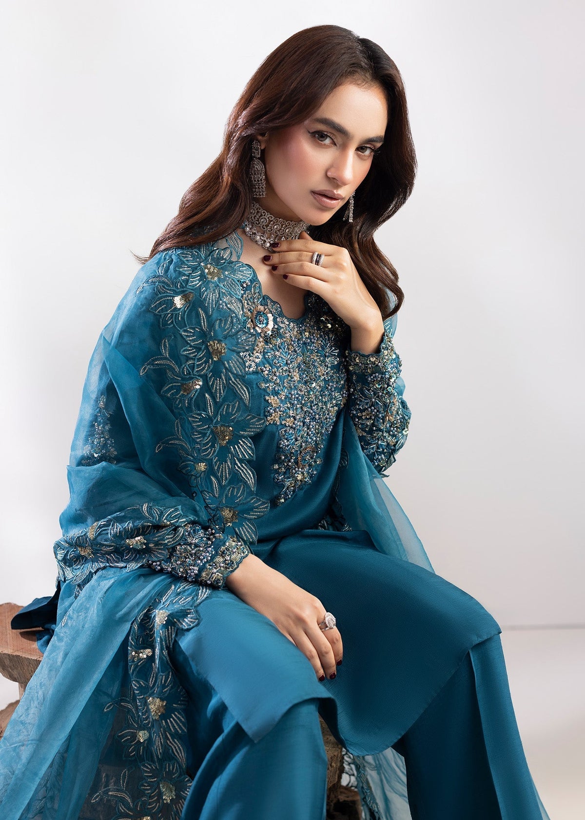 Teal Embroidered Raw Silk Pakistani Salwar Kameez Online in Dubai UAE Abudhabi Ajman Sharjah