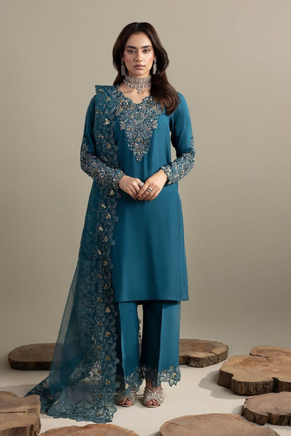 Teal Embroidered Raw Silk Pakistani Suit Online in Dubai UAE Abudhabi Ajman Sharjah