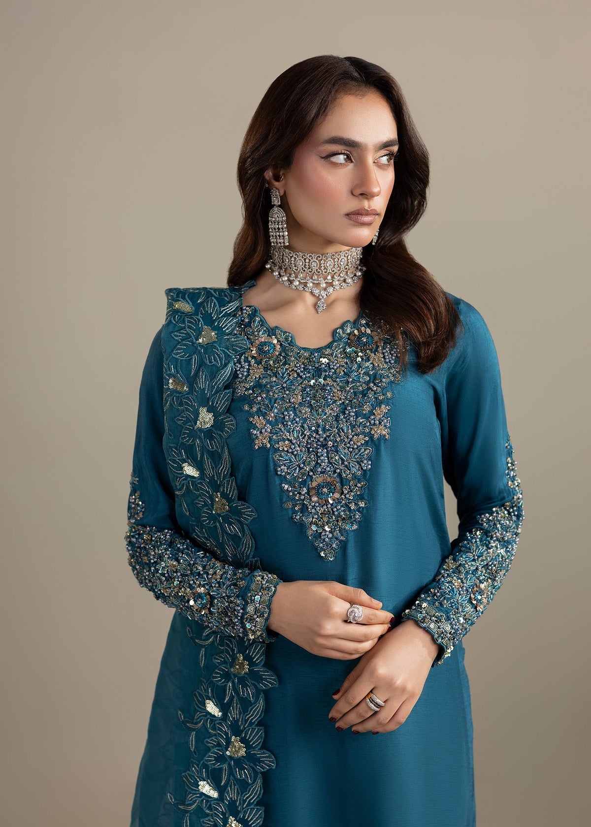 Teal Partywear Embroidered Raw Silk Pakistani Designer Suit Online in Sri Lanka India Australia