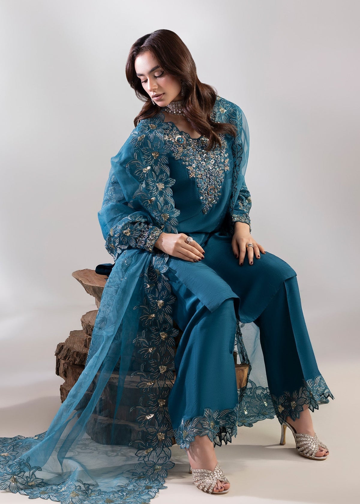 Teal Raw Silk Embroidered Designer Salwar Suit Online in Dubai DXB UAE Abudhabi Meena Bazaar