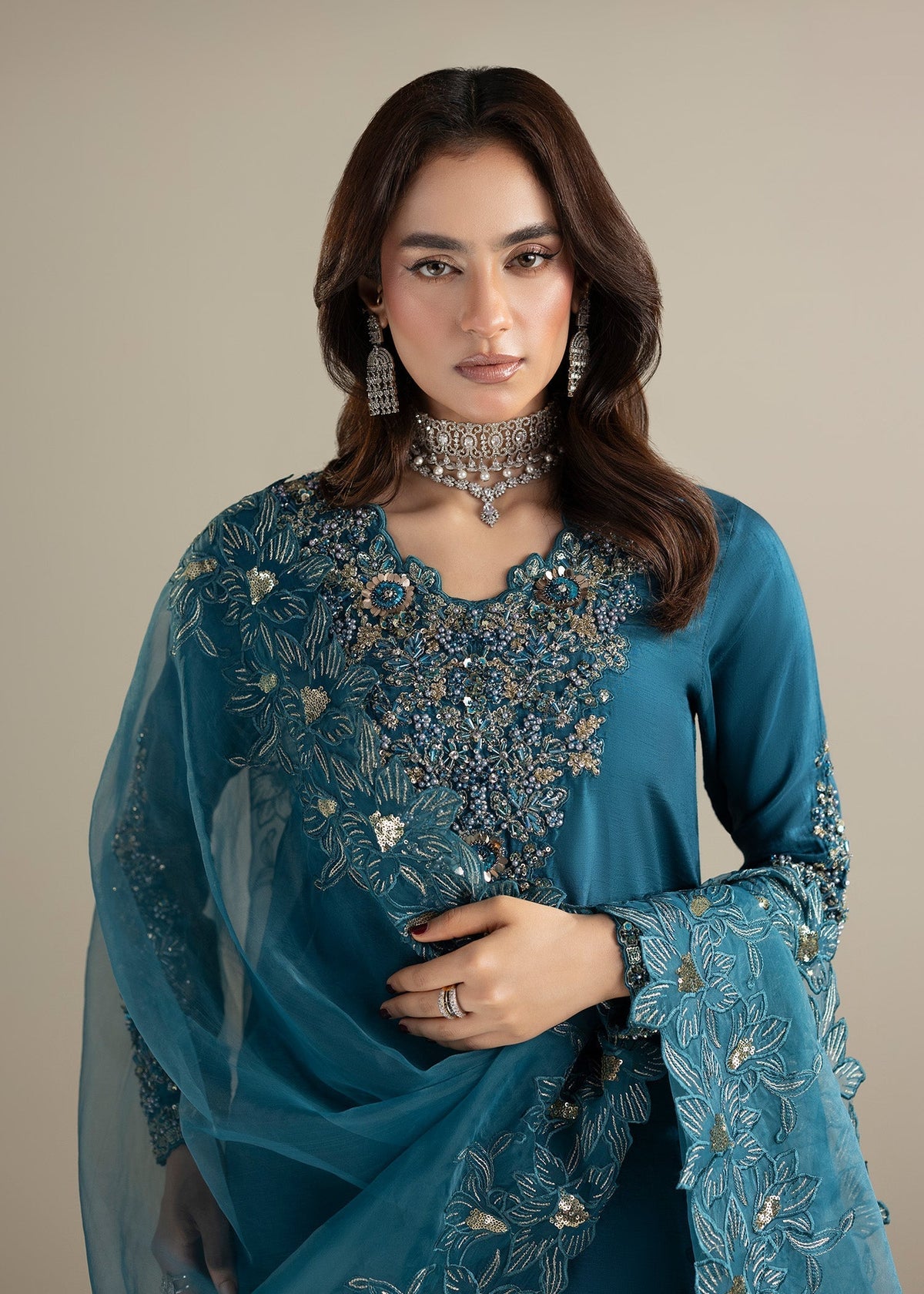 Teal Raw Silk Embellished Pakistani Suit Online in KSA Riyadh Saudi Arabia Oman Bahrain Qatar