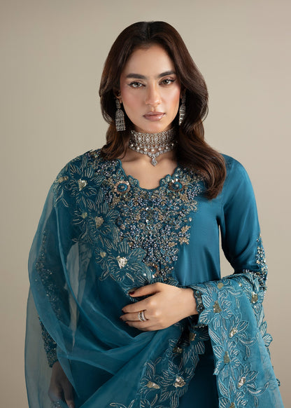 Teal Raw Silk Embellished Pakistani Suit Online in KSA Riyadh Saudi Arabia Oman Bahrain Qatar