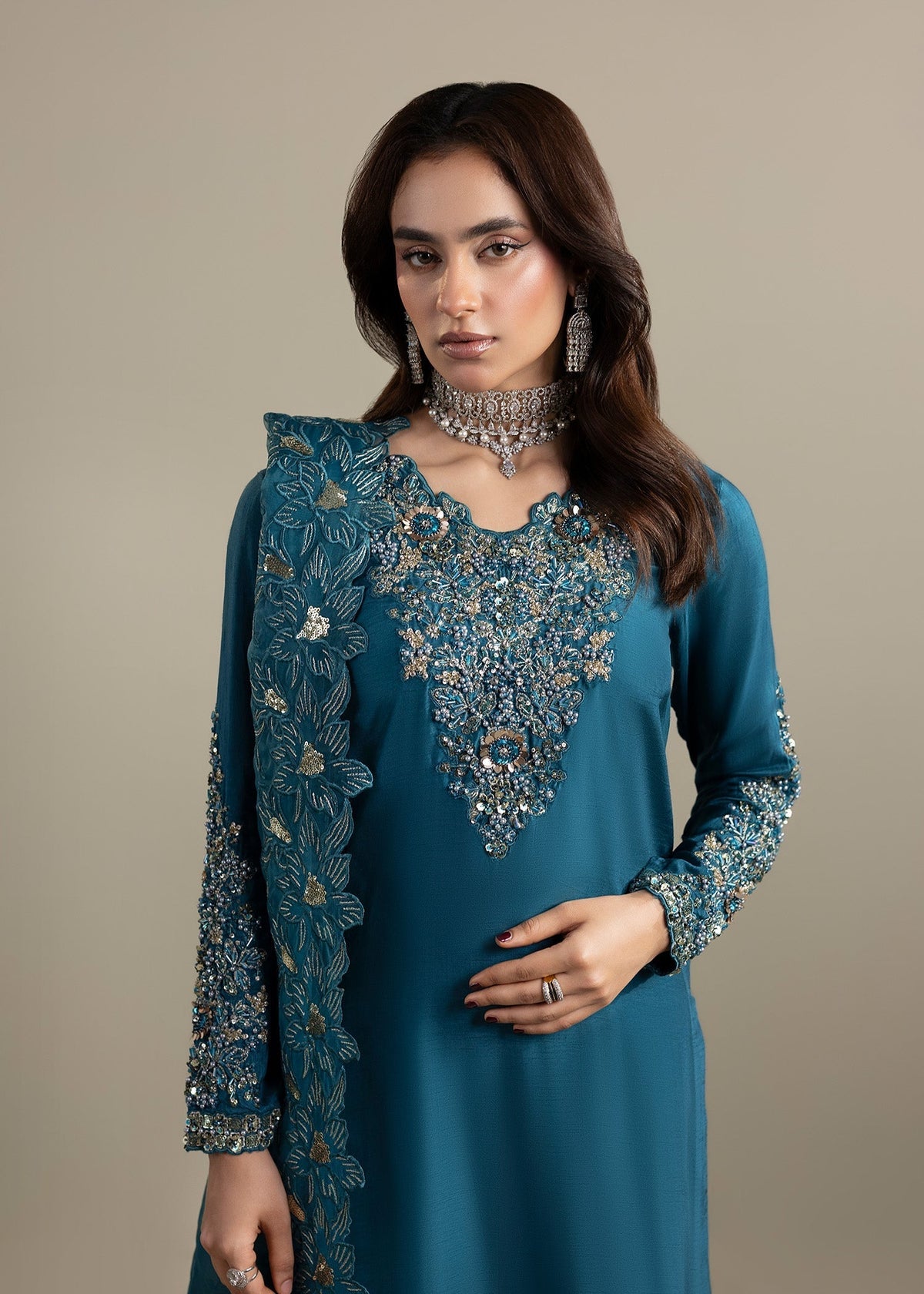 Teal Embellished Raw Silk Salwar Kameez Online in KSA Riyadh Saudi Arabia Oman Bahrain Qatar