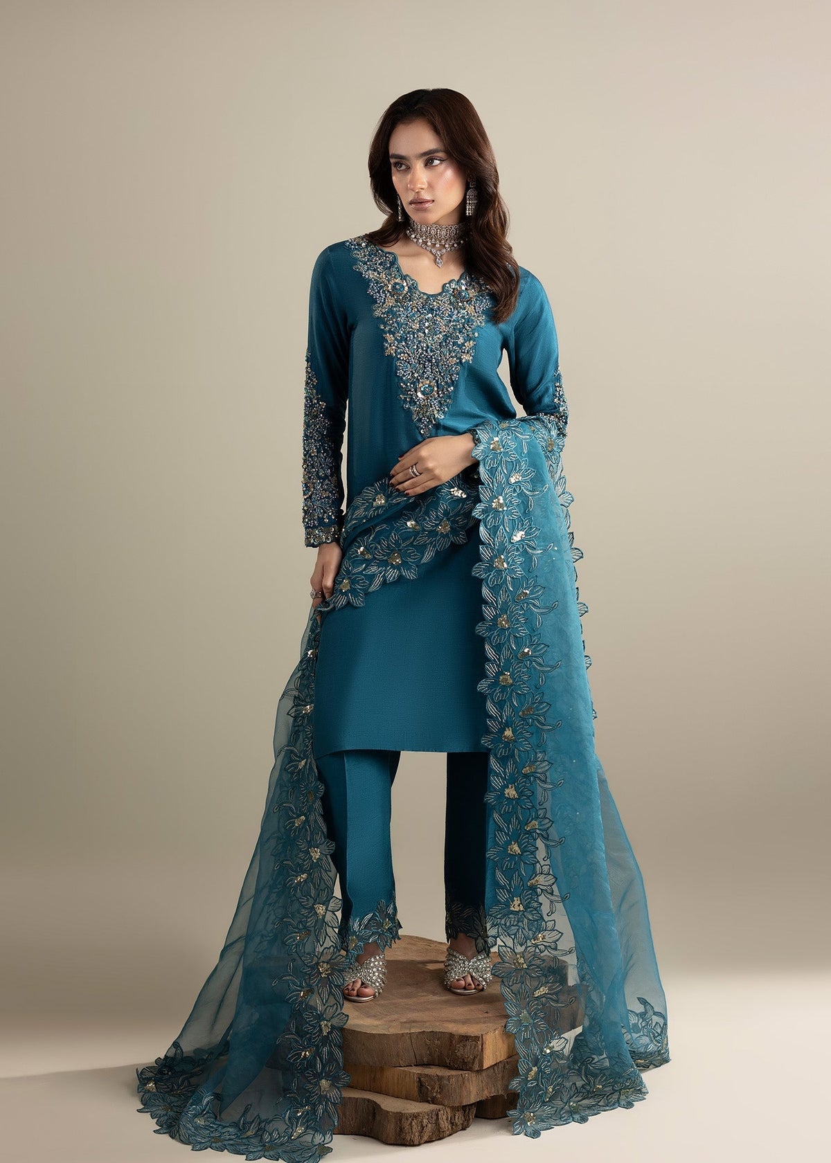 Teal Embellished Raw Silk Shalwar Kameez Online in Dubai DXB UAE Abudhabi Meena Bazaar