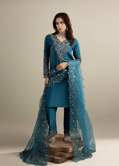 Teal Embellished Raw Silk Shalwar Kameez Online in Dubai DXB UAE Abudhabi Meena Bazaar
