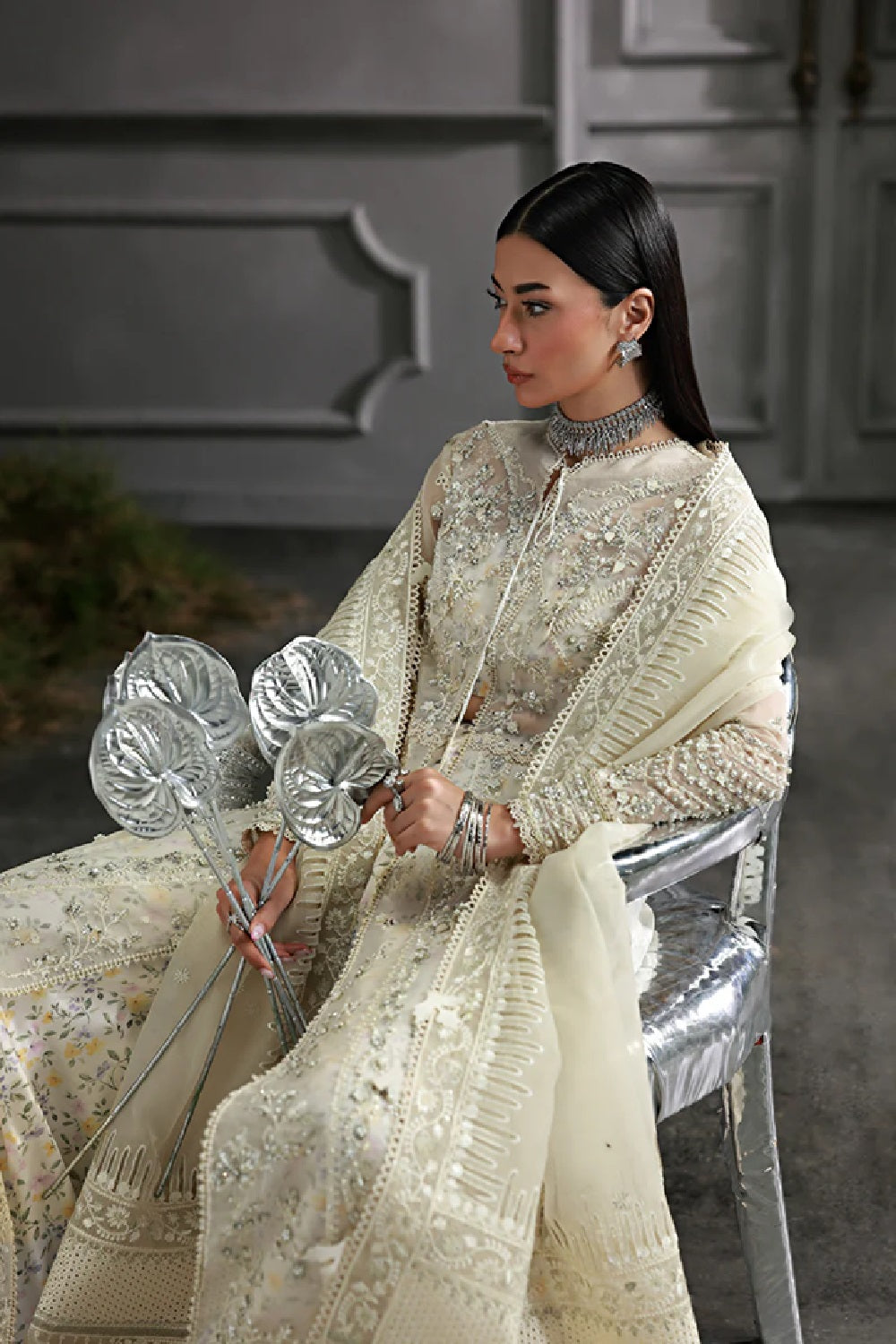 Embellished Ivory Organza Pakistani Designer Suit Online in KSA Riyadh Saudi Arabia Oman Bahrain Qatar