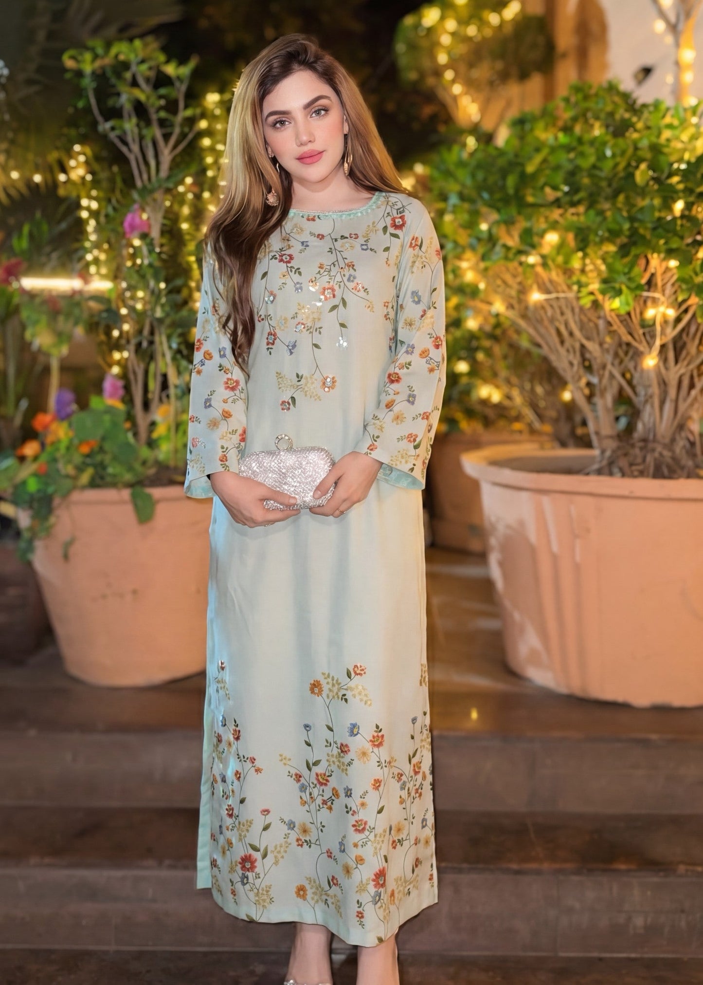 Embellished Kaftan for Women Light Cyan Poly Silk Online in KSA Riyadh Saudi Arabia Oman Bahrain Qatar