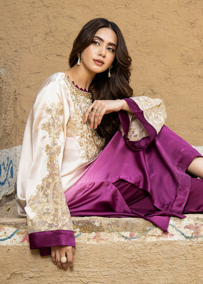 Embellished Kaftan Set Ivory Purple Online in UK USA Canada