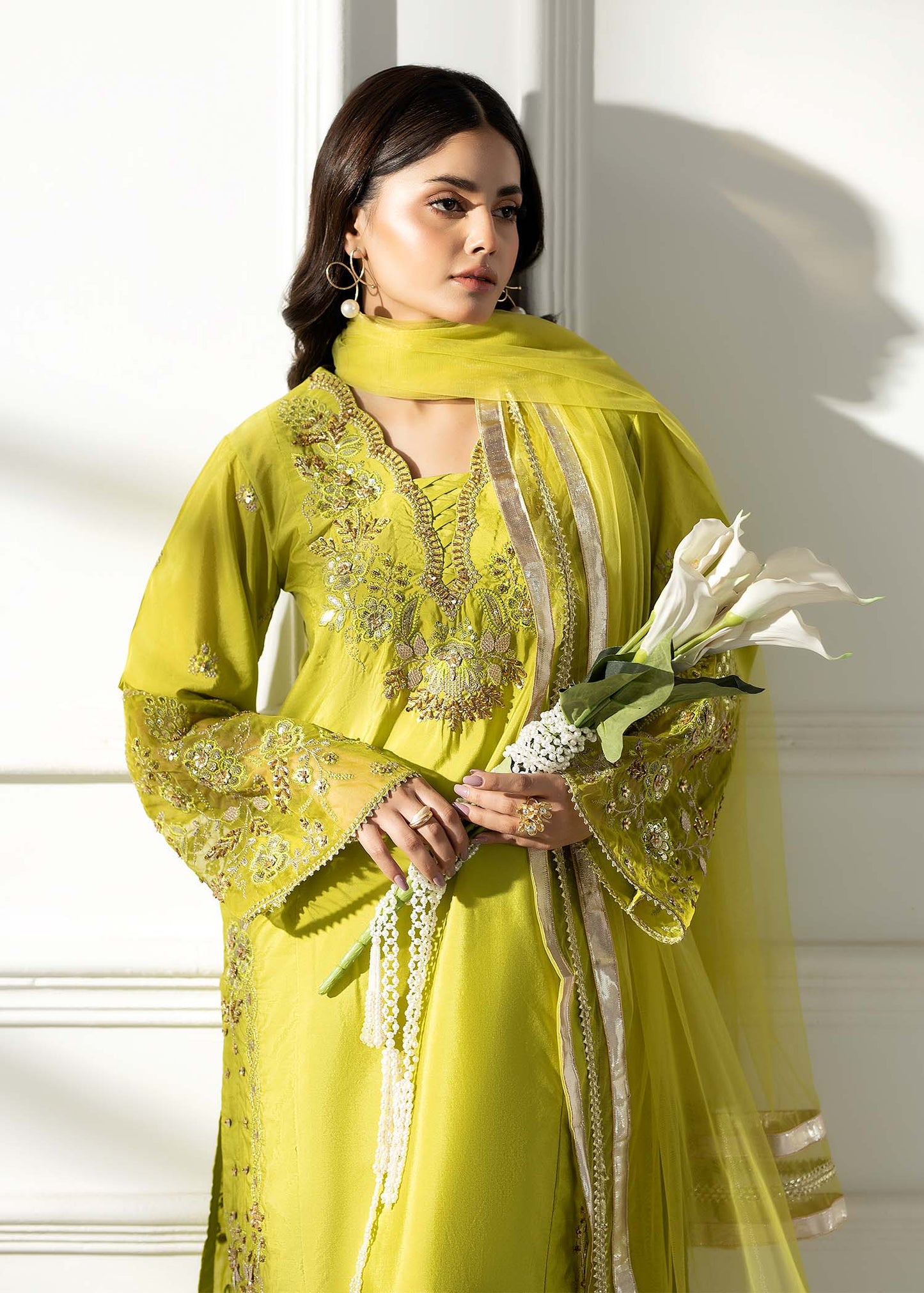 Embellished Key Lime Net Dupatta Suit Online in UK USA Canada