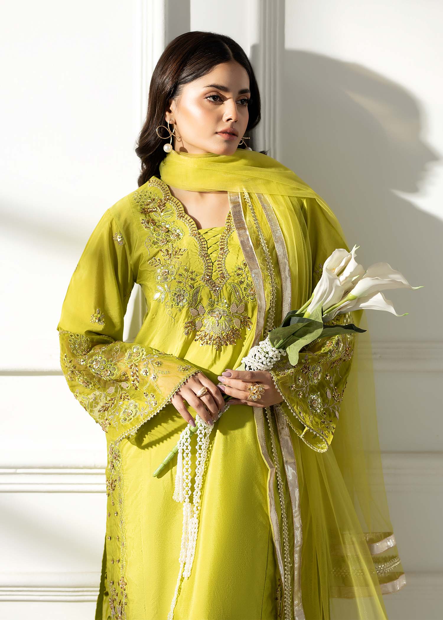 Embellished Key Lime Net Dupatta Suit Online in UK USA Canada