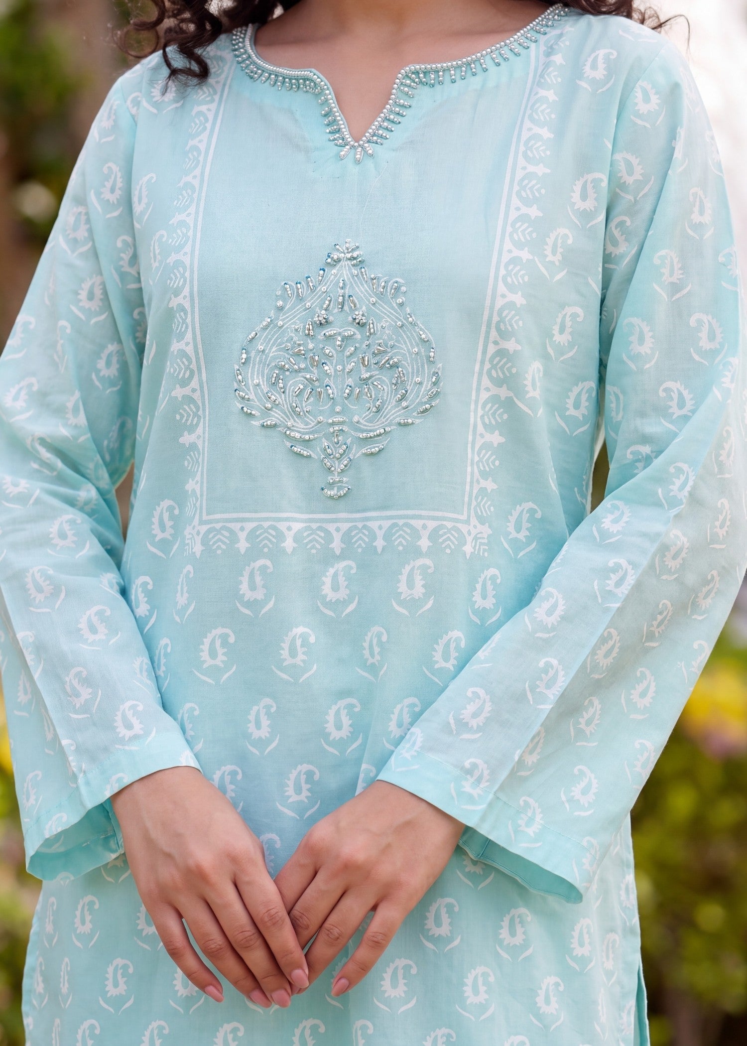 Embellished Lawn Sky Blue Kurta Pajama Online in Dubai DXB UAE Abudhabi Meena Bazaar