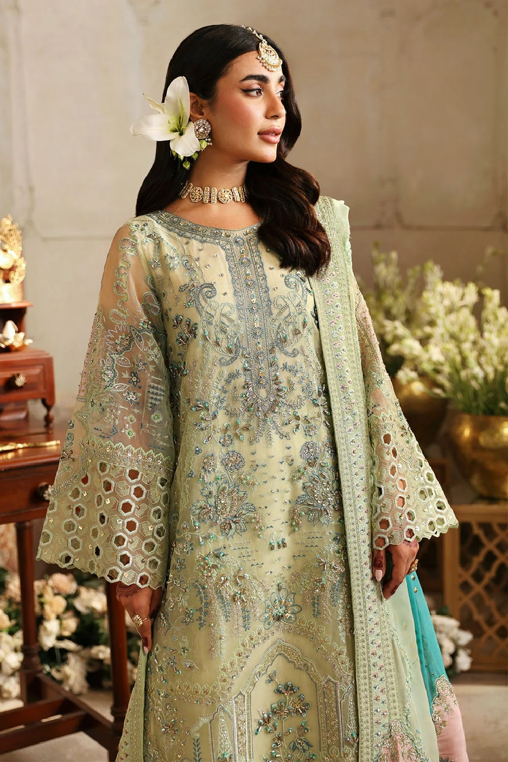 Embellished Lemon Green Organza Salwar Kameez Online in KSA Riyadh Saudi Arabia Oman Bahrain Qatar