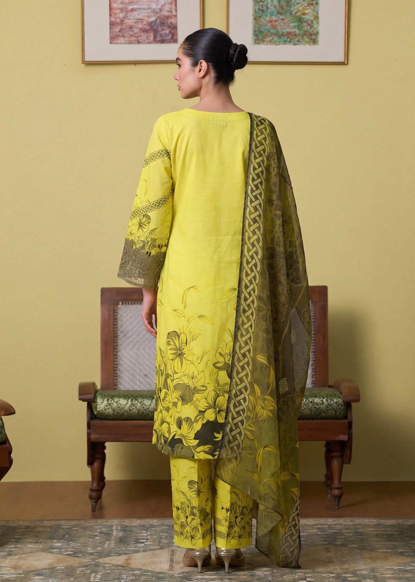 Embellished Lemon Lawn Salwar Kameez Online in KSA Riyadh Saudi Arabia Oman Bahrain Qatar