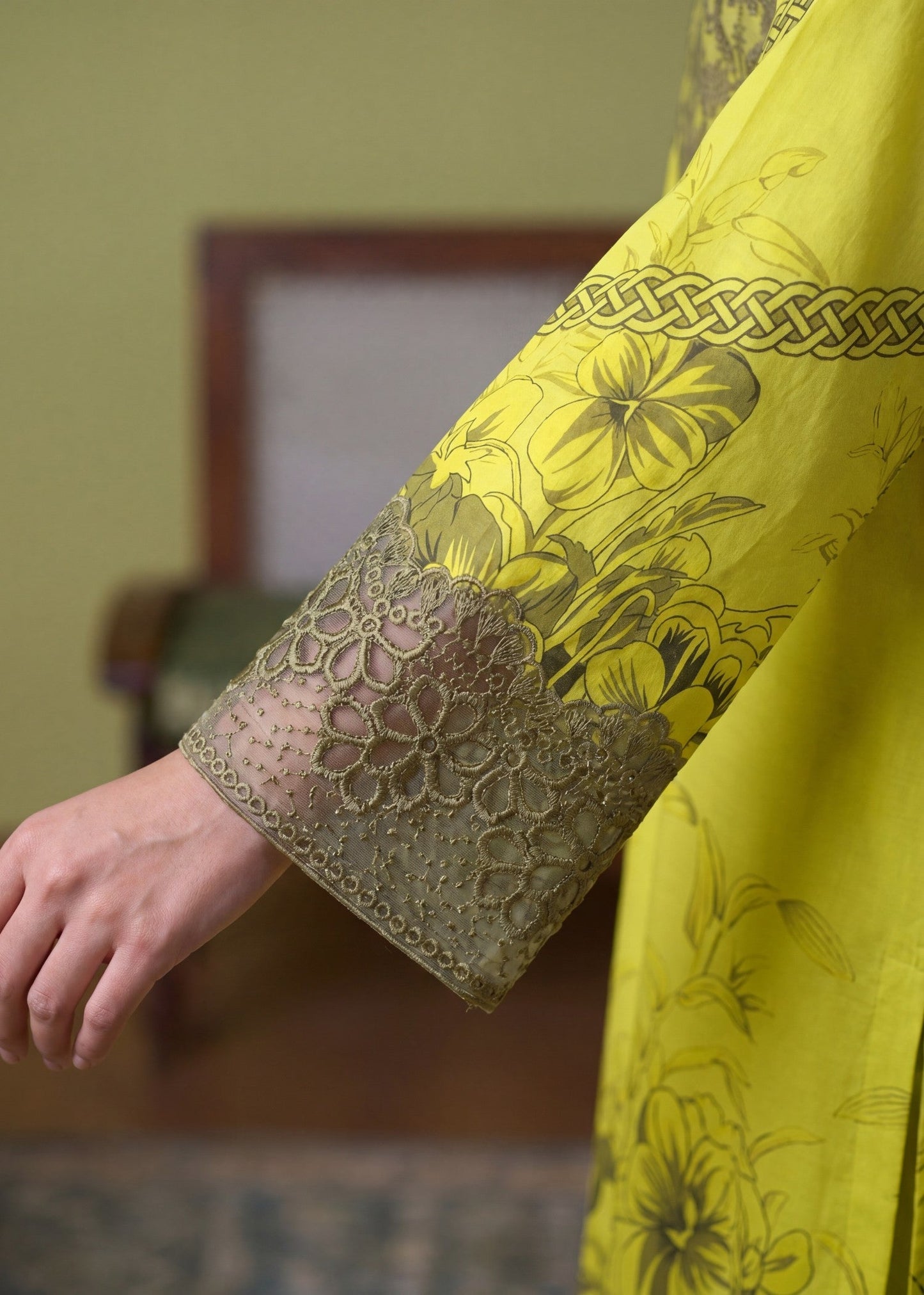 Embellished Lemon Lawn Suit Online in Dubai DXB UAE Abudhabi Meena Bazaar