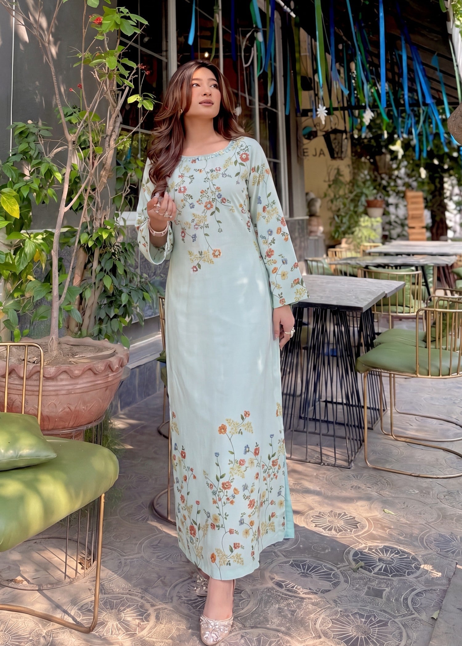 Embellished Light Cyan Poly Silk Kaftan Online in UK USA Canada