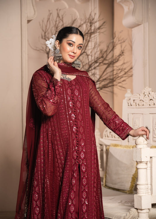 Embellished Maroon Chiffon Partywear Suit Online in Sri Lanka India Australia