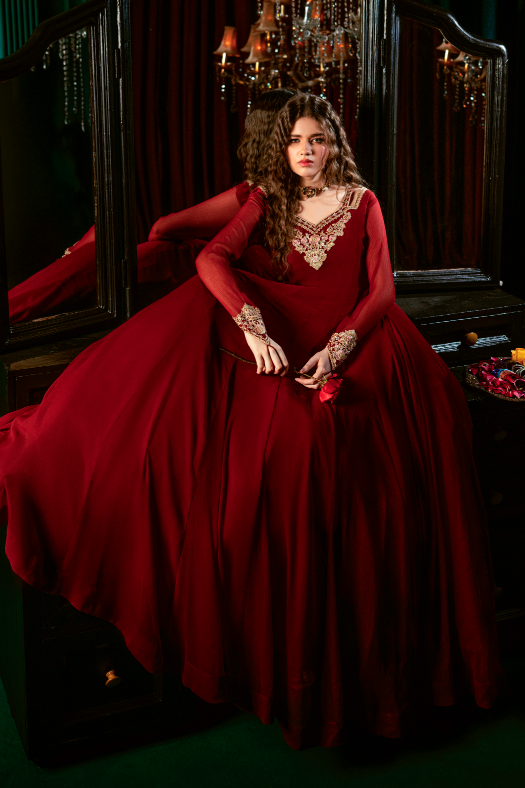 Embellished Maroon Chiffon Pishwas with Dupatta Online in Dubai DXB UAE Abudhabi Meena Bazaar