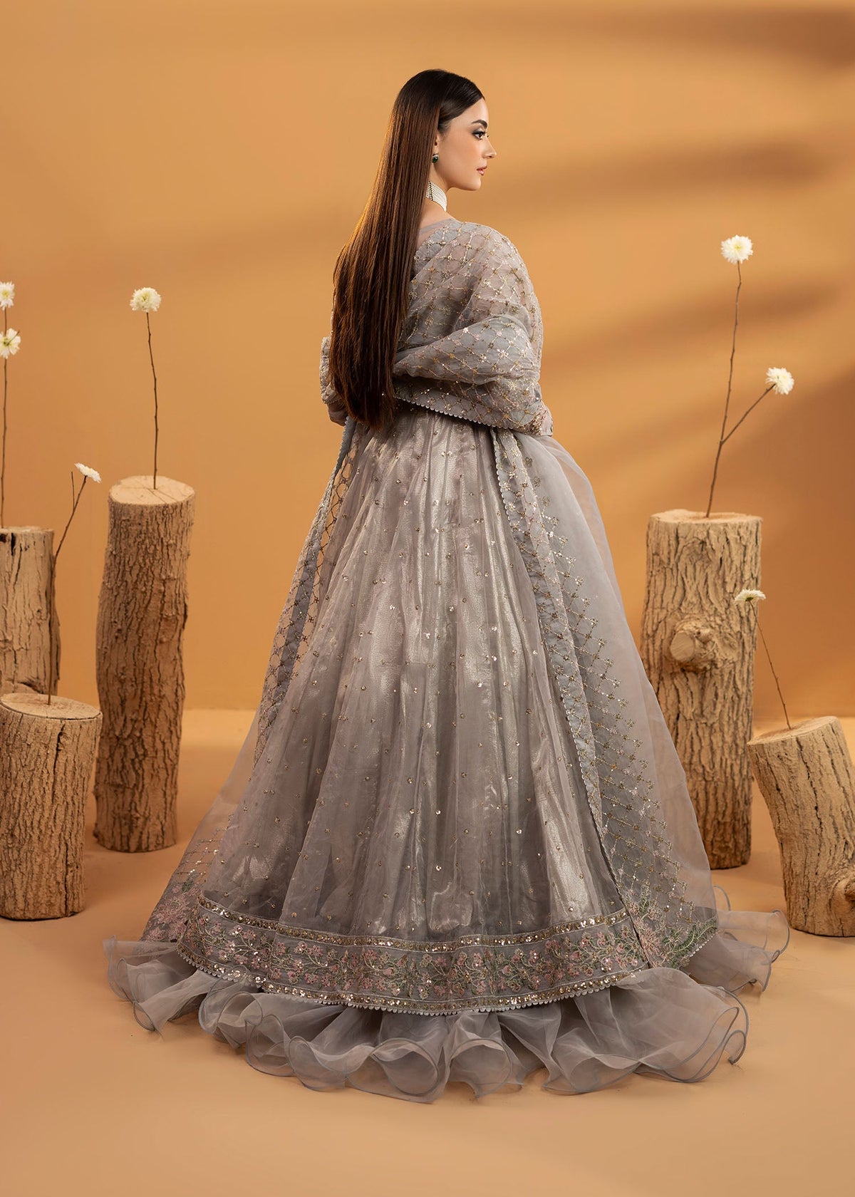 Grey Embroidered Organza Formal Suit Online in KSA Riyadh Saudi Arabia Oman Bahrain Qatar