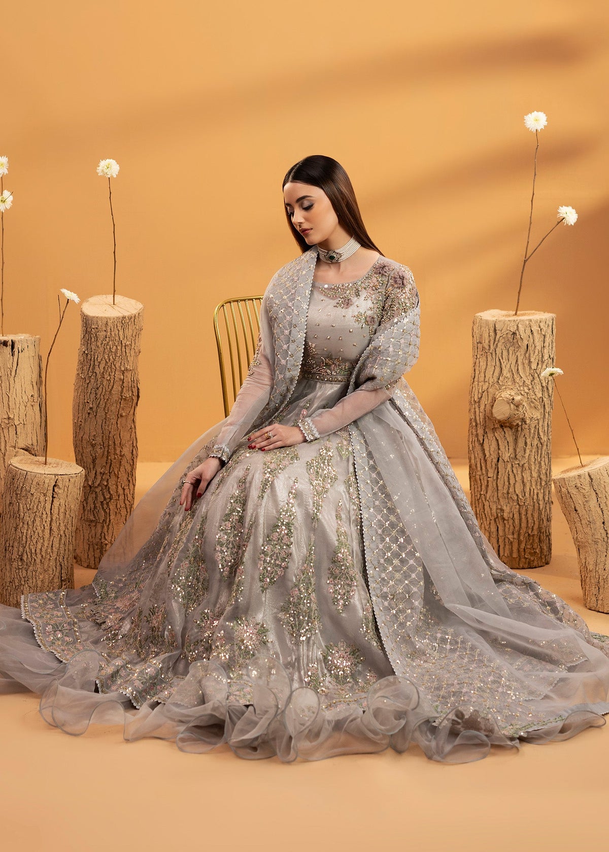 Grey Embroidered Organza Maxi Suit for Wedding Online in Sri Lanka India Australia