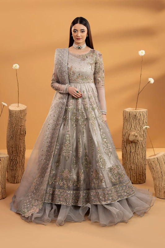 Grey Embroidered Organza Maxi Suit Online in Dubai UAE Abudhabi Ajman Sharjah
