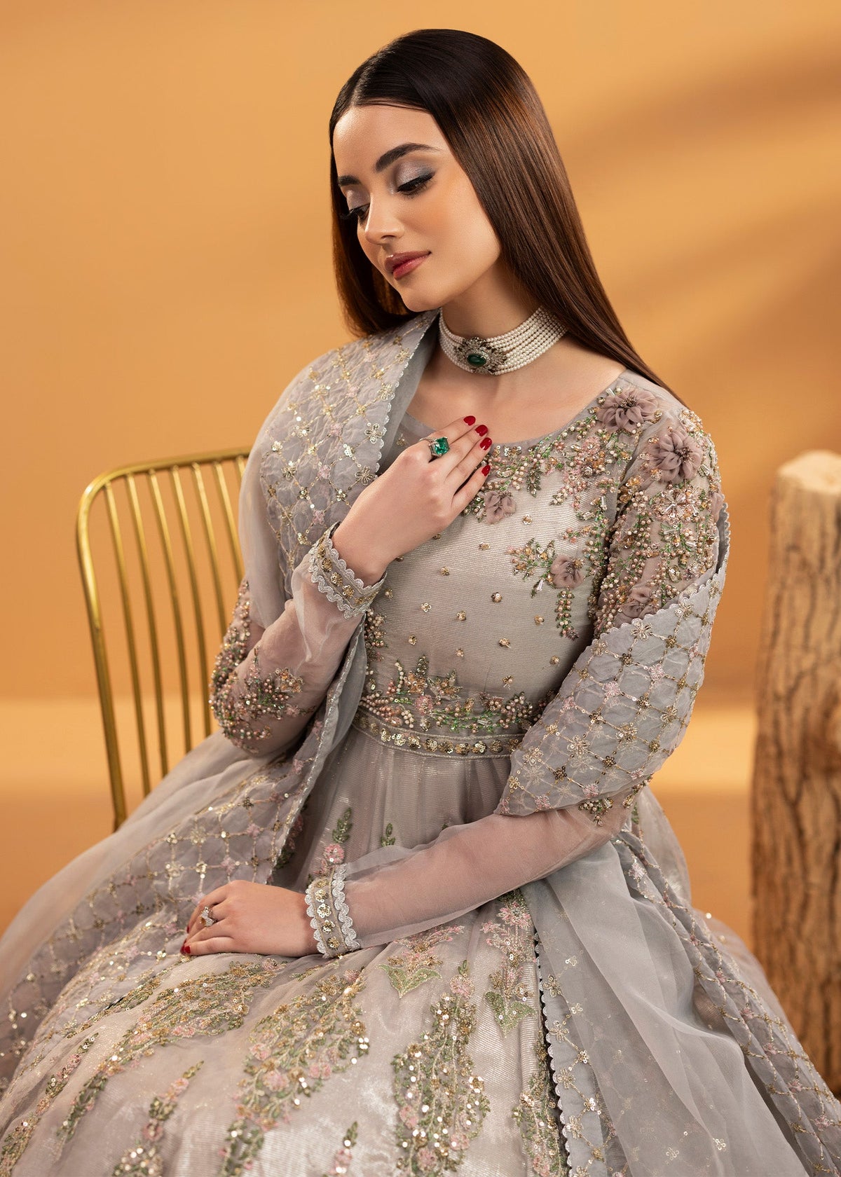 Grey Organza Maxi Suit Pakistani Designer Wear Online in Dubai DXB UAE Abudhabi Meena Bazaar