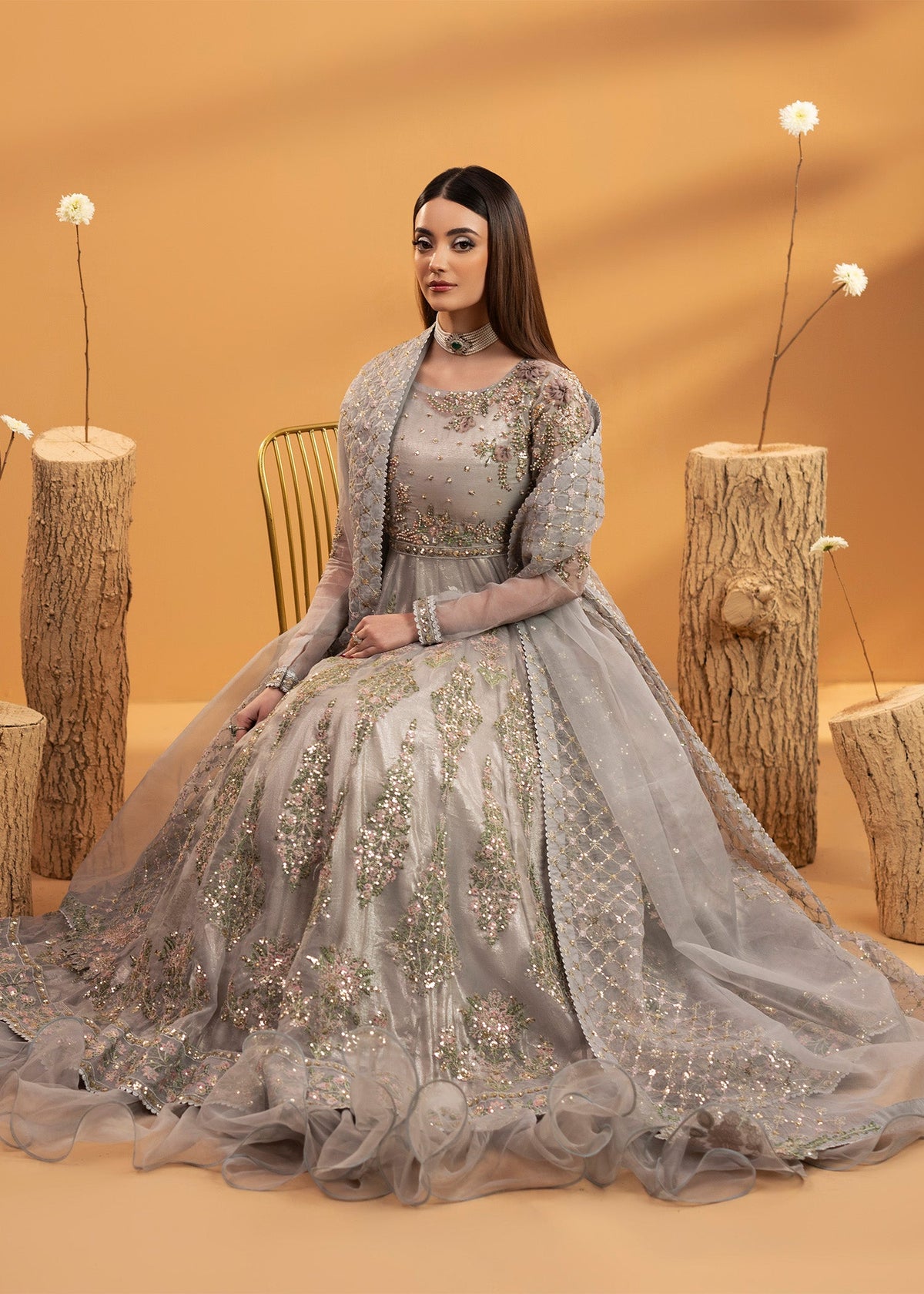 Grey Organza Maxi Suit with Shimmer Inner Online in UK USA Canada
