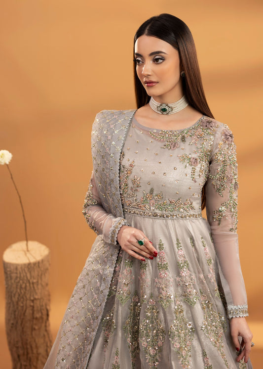 Ladies Embellished Grey Organza Maxi Suit Online in UK USA Canada